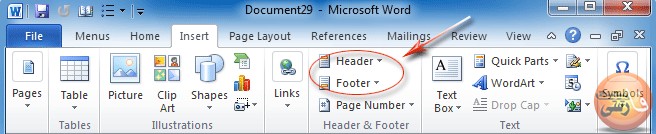 منوی-Insert-تب-Header-And-Footer