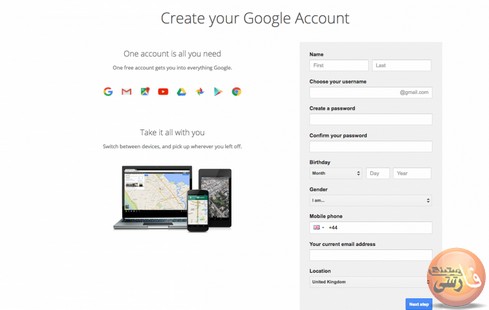 ساخت جی میل در سایت گوگل در حالت زبان انگلیسی